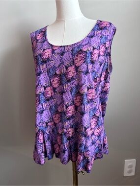 Blue Sky fair trade Bamboo linen Sleeveless Floral Print Peplum Top Purple Pink